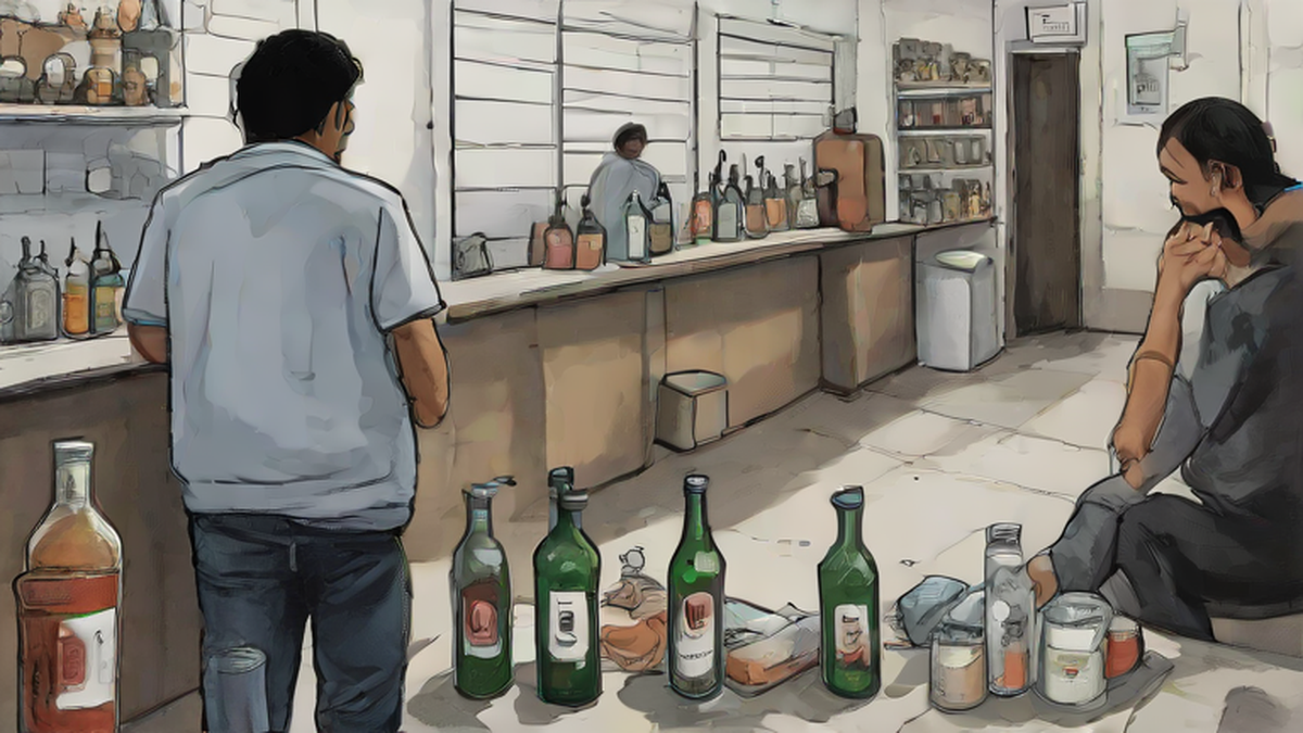 Ilustración editorial sobre salud: Alerta en Celaya: Dos personas graves por tomar alcohol adulterado