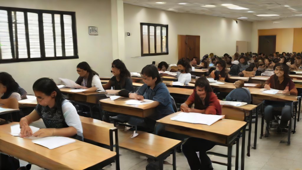 Ilustración editorial sobre sociedad: UNAM realiza examen de control en Oaxaca, solo 68% asistió en León