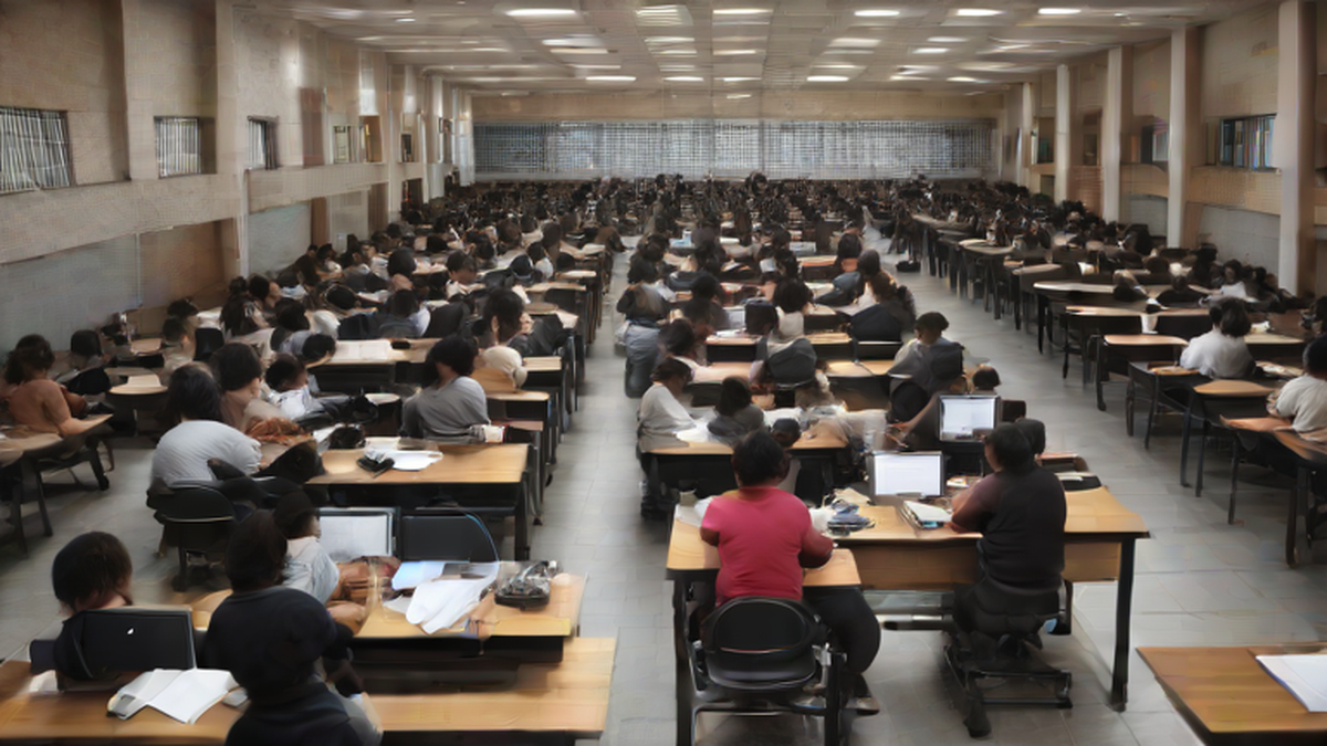 Ilustración editorial sobre sociedad: UNAM inicia examen presencial en León para aspirantes a licenciatura