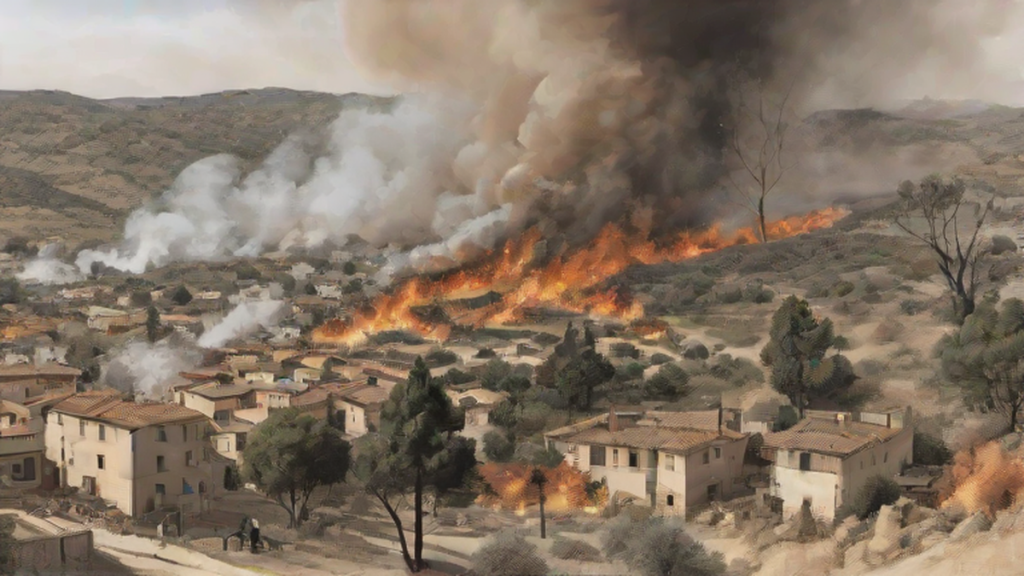 Ilustración editorial sobre salud: Incendio en Las Hurdes salta a Salamanca, confinamiento en Nuñomoral